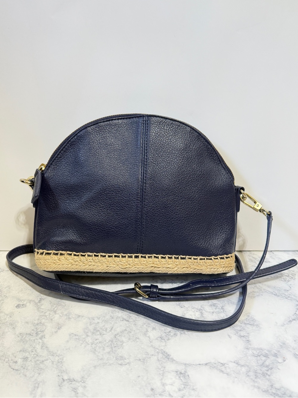 Talbots Navy Leather Crossbody Purse Pebbled Leather Woven Trim Shoulder Bag